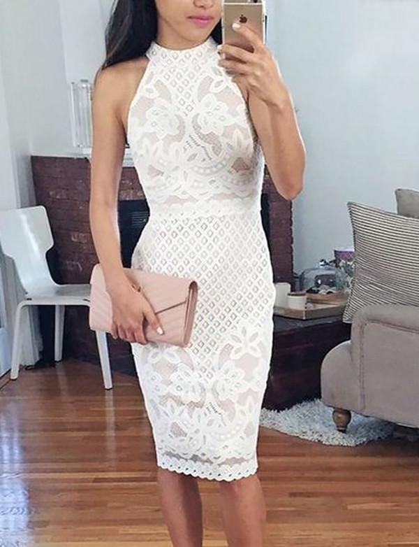 Bodycon Round Neck Knee-Length White Lace Homecoming Dress cg1523