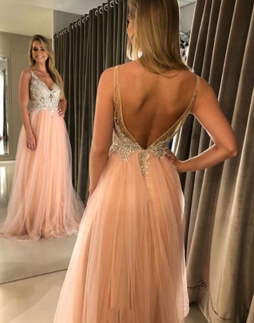 A-line V Neck Long Prom Dress,Open Back Prom Dress With Lace   cg15258