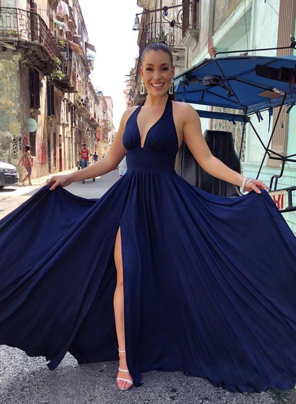 Blue v neck long prom dress simple evening dress   cg15281