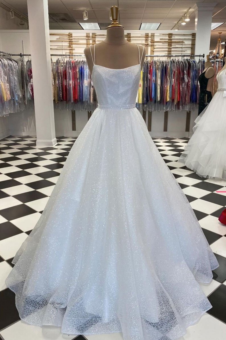 White tulle sequin long prom dress white tulle evening dress   cg15304