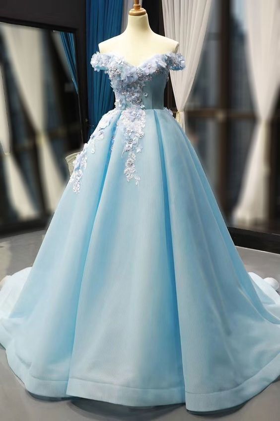 Light Blue Ball Gown with 3D Flowers Prom Dress   cg15322