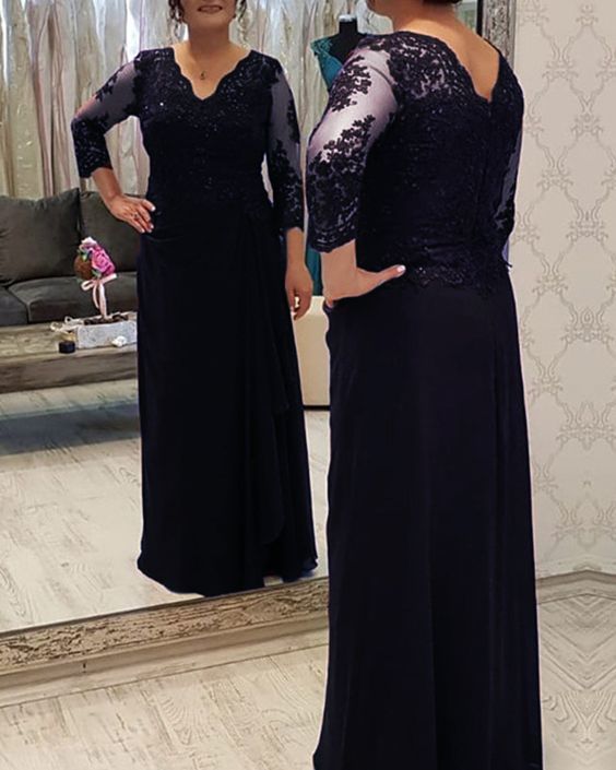 Elegant navy blue lace sleeves prom dress   cg15328