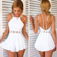 White Spaghetti Strap Halter Open Back Cut Out Lace Waist Pleated Short homecoming Dress  cg1533