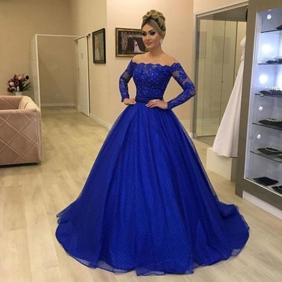Royal blue prom dresses, off the shoulder prom dresses, long sleeve prom dresses   cg15331