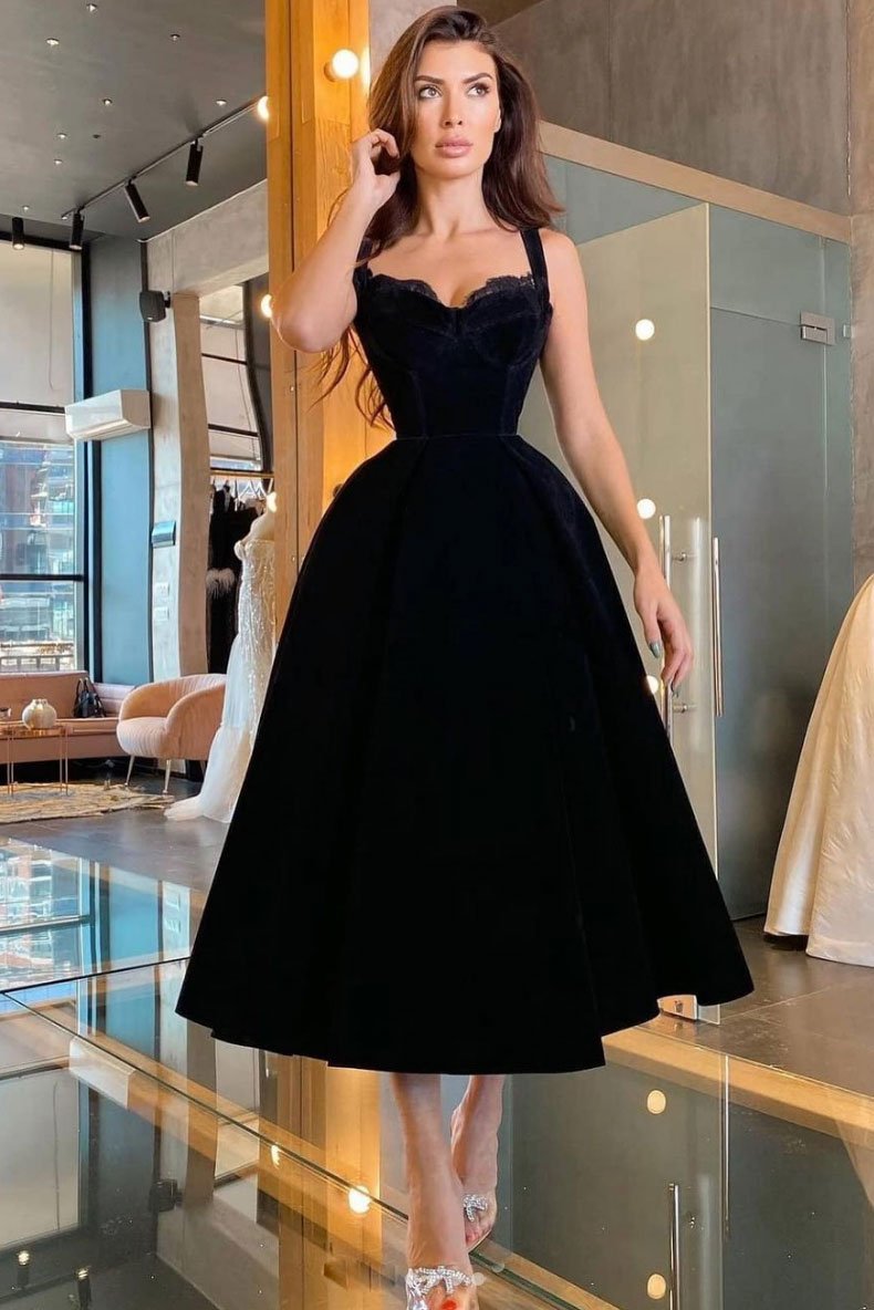 Black sweetheart velvet prom dress tea length black evening dress   cg15353