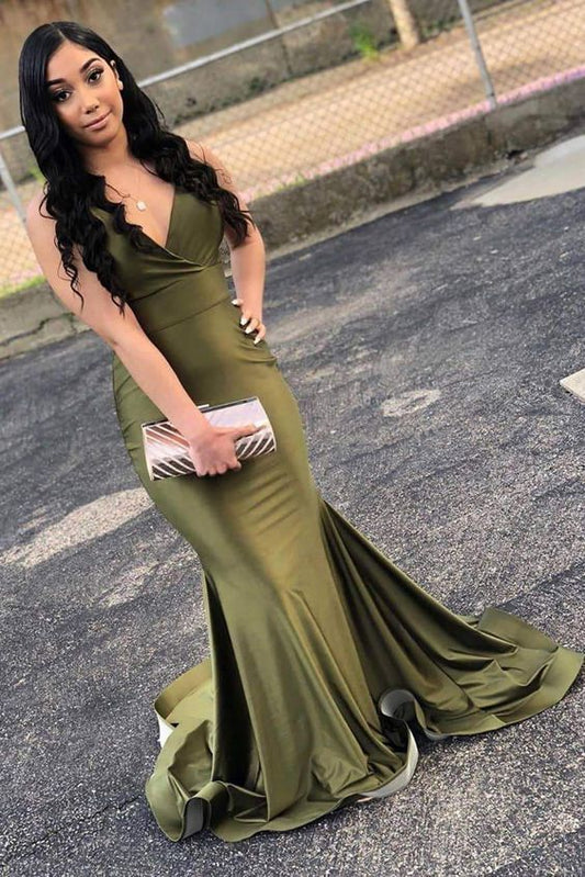 A-line V Neck Mermaid Long Prom Dress With Train   cg15373