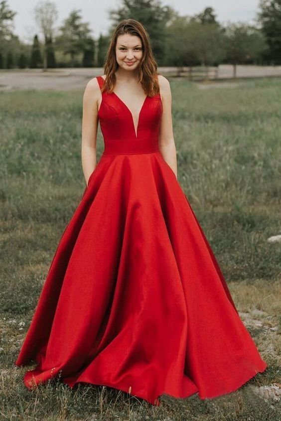 Simple A-line V-neck Satin Long Cheap Red Prom Dresses with Pocket   cg15377
