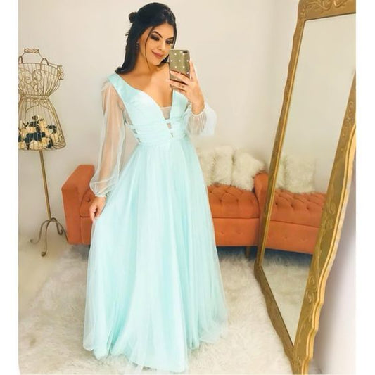 Elegant A-line Long Prom Dresses Mint Green Tulle Long Sleeves    cg15379