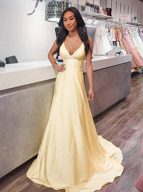 V Neck Yellow Satin Long Prom Dresses, Long Yellow Formal Graduation Evening Dresses   cg15382