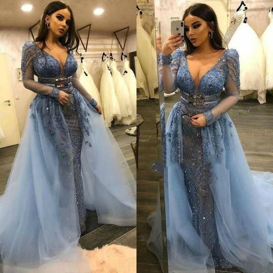 deep v neck luxury prom dresses with detachable skirt blue lace applique beaded elegant prom gown    cg15391