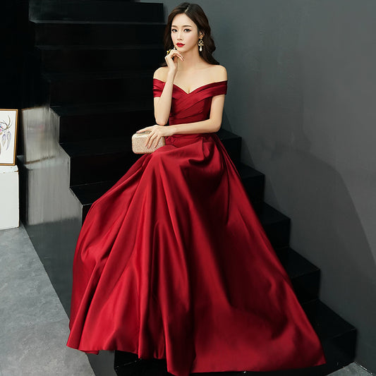 BURGUNDY V NECK SATIN LONG PROM DRESS, BURGUNDY EVENING DRESS   cg15414