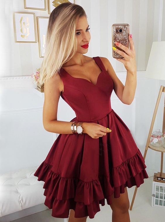 A-Line Straps Above-Knee Burgundy Tiered Homecoming Dress with Pleats   cg15432