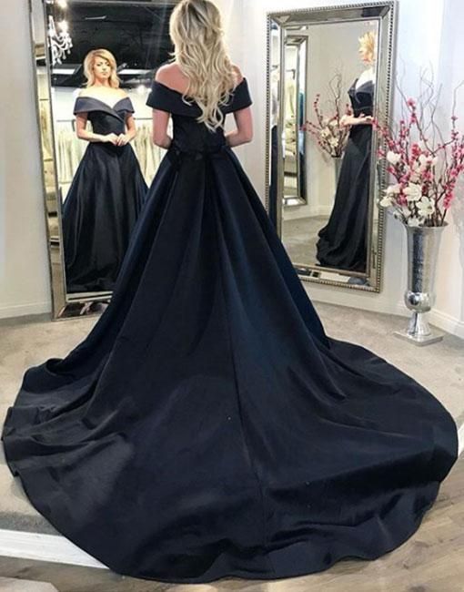 Black Off The Shoulder Long Prom Dress With Train   cg13435
