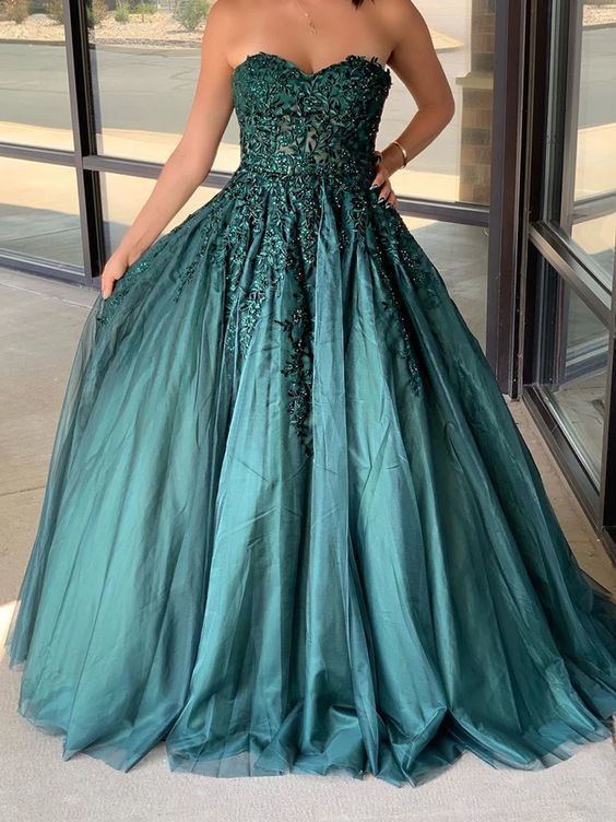 Dark Green Sweetheart Appliques Prom Dress Beaded Ball Gowns Long Evening Dress   cg15440