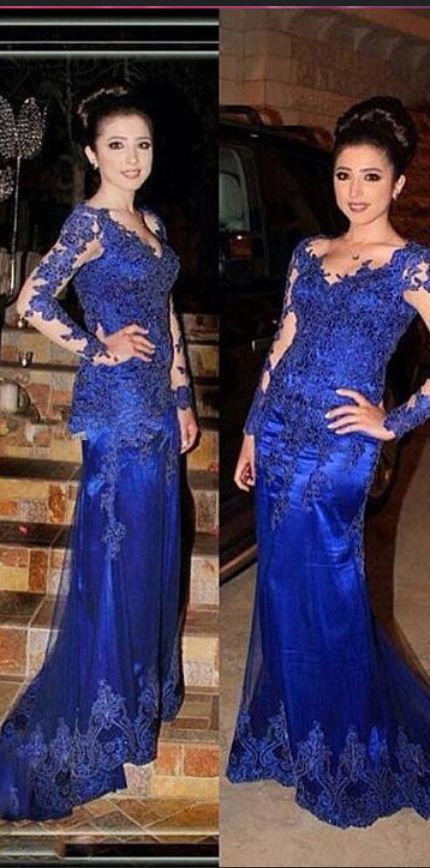 Royal-Blue Long-Sleeve Prom Dress | Mermaid Lace Evening Gowns   cg15445