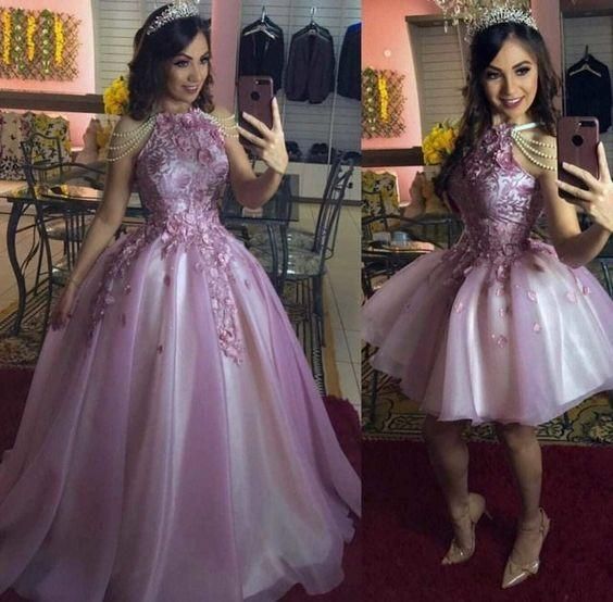 pink prom dresses 2021 halter neckline lace appliques ball gown   cg15448