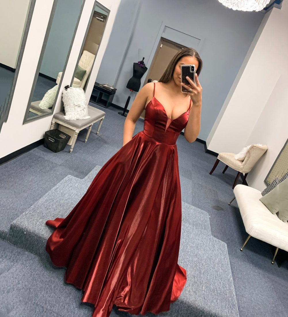 BURGUNDY SATIN LONG PROM DRESS SIMPLE EVENING DRESS   cg15454