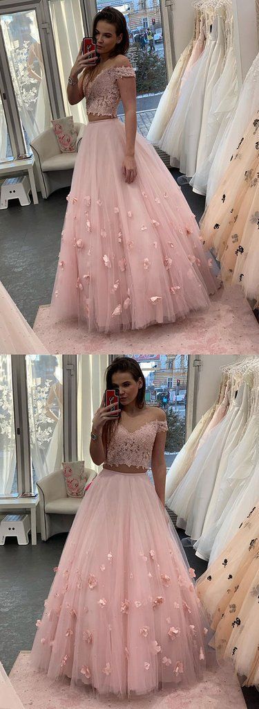 Pink Tulle Off Shoulder Two Pieces Long Prom Dress   cg15459