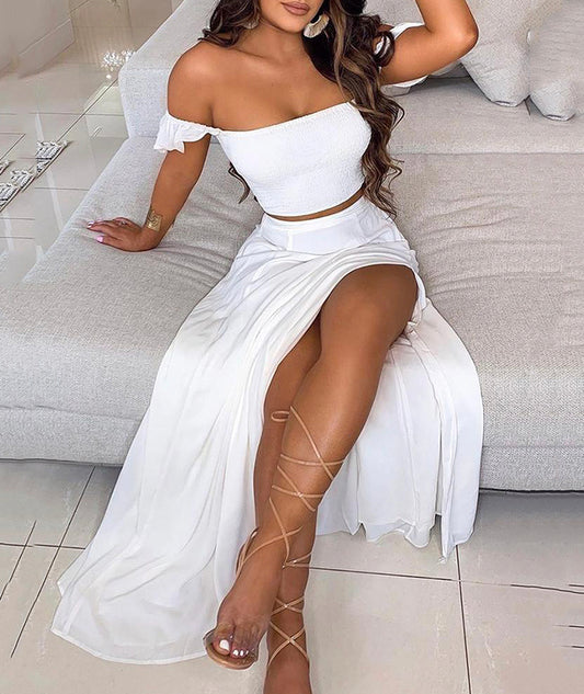 WHITE TWO PIECES PROM DRESS WHITE CHIFFON EVENING DRESS   cg15474