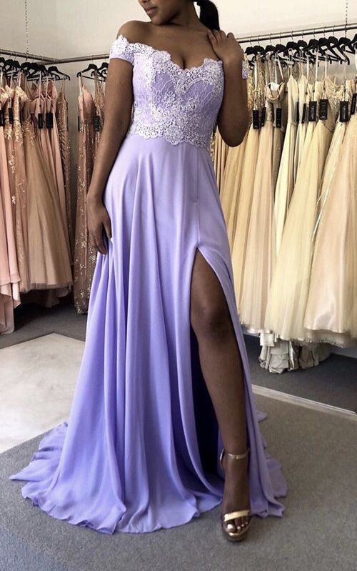Elegant Lavender Chiffon Prom Dresses Off The Shoulder Evening Gown Lace Appliques Leg Split   cg15475