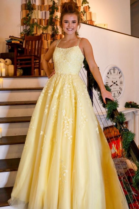 Elegant Yellow Long Prom Dress with Lace Appliques   cg15504
