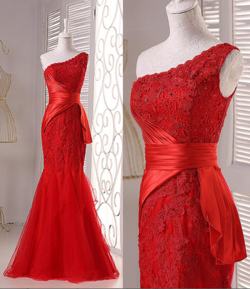 Elegant One Shoulder Red Lace Mermaid Wedding Party Dress, Red Prom Dress 2021   cg15511