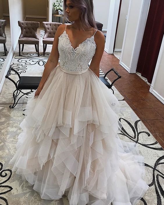 V-neck Lace Bodice Champagne Tulle Ruffled Prom Dress    cg15521