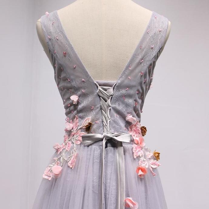 Dark Grey V-neckline Tulle with Flowers Long Prom Dress   cg15522