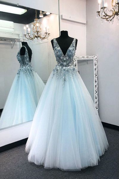 Blue v neck tulle lace long prom dress blue formal dress    cg15543