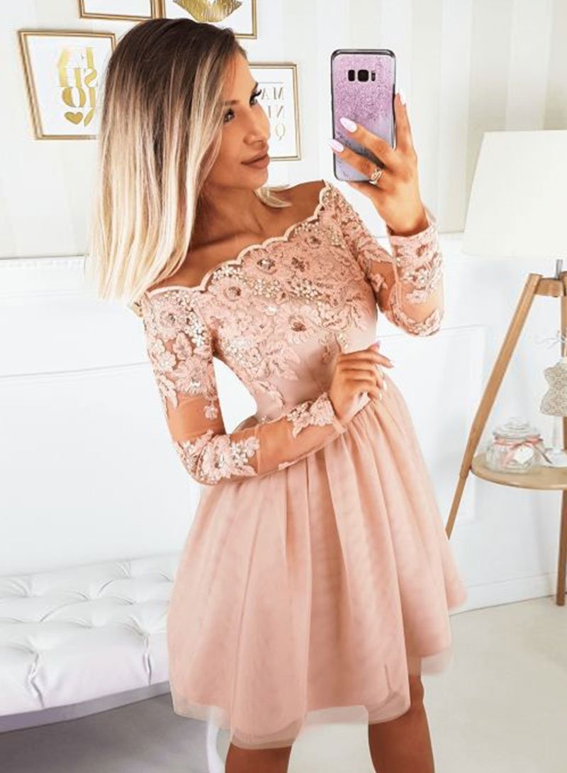 Pink tulle lace short dress, homecoming dress cg1559
