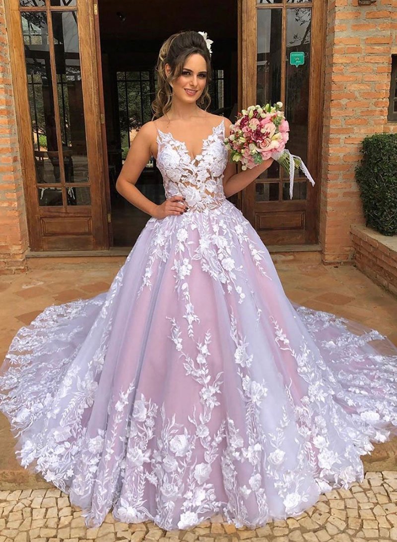 Pink v neck tulle lace long prom dress, evening dress cg1560