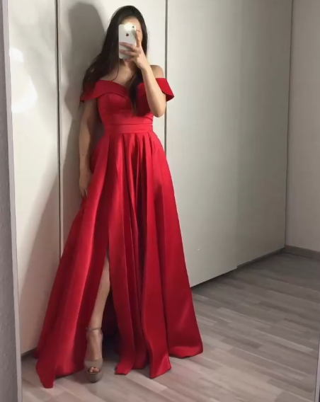 A-line V-neck Satin Off Shoulder Long Prom Dresses   cg15603