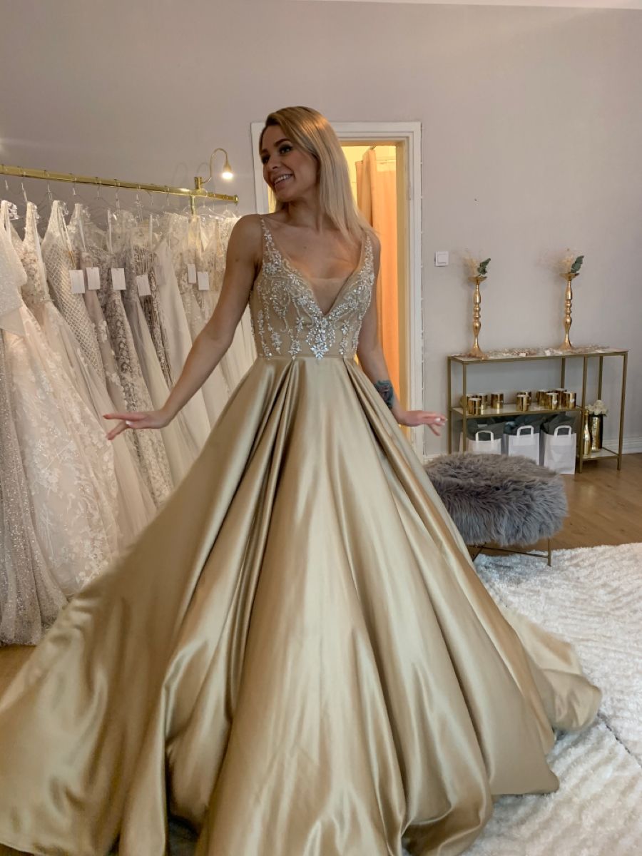 Elegant V Neck Long Satin Prom Dresses Gold Formal Gown With Lace   cg15608