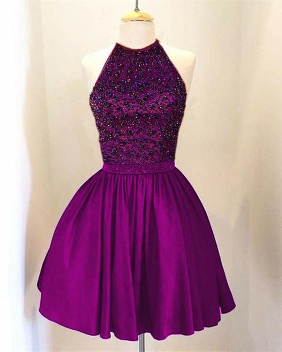 Grape A-line Beaded Halter Satin Homecoming Dresses    cg15612