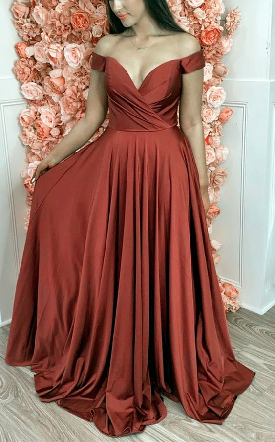 Princess Prom Dress Simple Long Satin Rust Bridesmaid Dresses Off The Shoulder Evening Gown For Women   cg15620