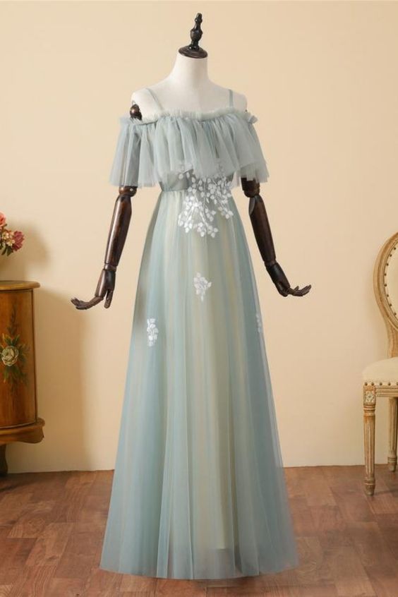 Dusty Blue Lace Appliqued Tulle Long Prom Dress   cg15633