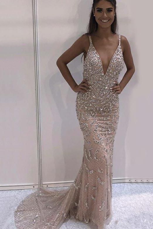 Sexy V neck Straps Tulle Beaded Appliques Mermaid Evening Prom Dress   cg15640