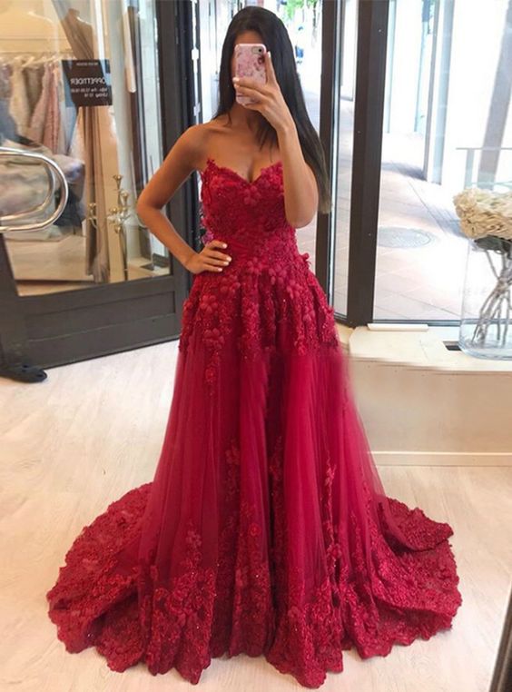 Burgundy Tulle Sweetheart Appliques Long Prom Dress 2021    cg15665
