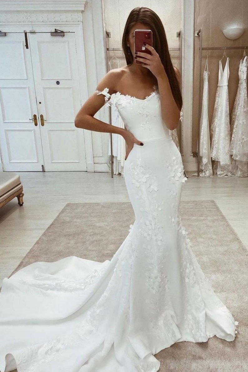 White sweetheart satin lace applique mermaid long prom dress   cg15683