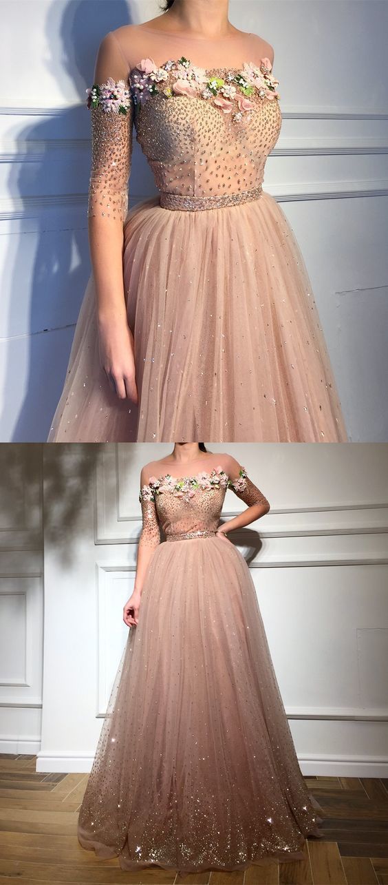 Elegant illusion neck blush formal prom dresses with beading flowers     cg15700
