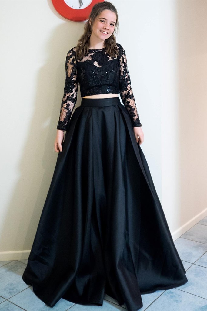Long Sleeves 2 Pieces Black Lace Long Prom Dress, Long Sleeves Black Lace Formal Dress   cg15708