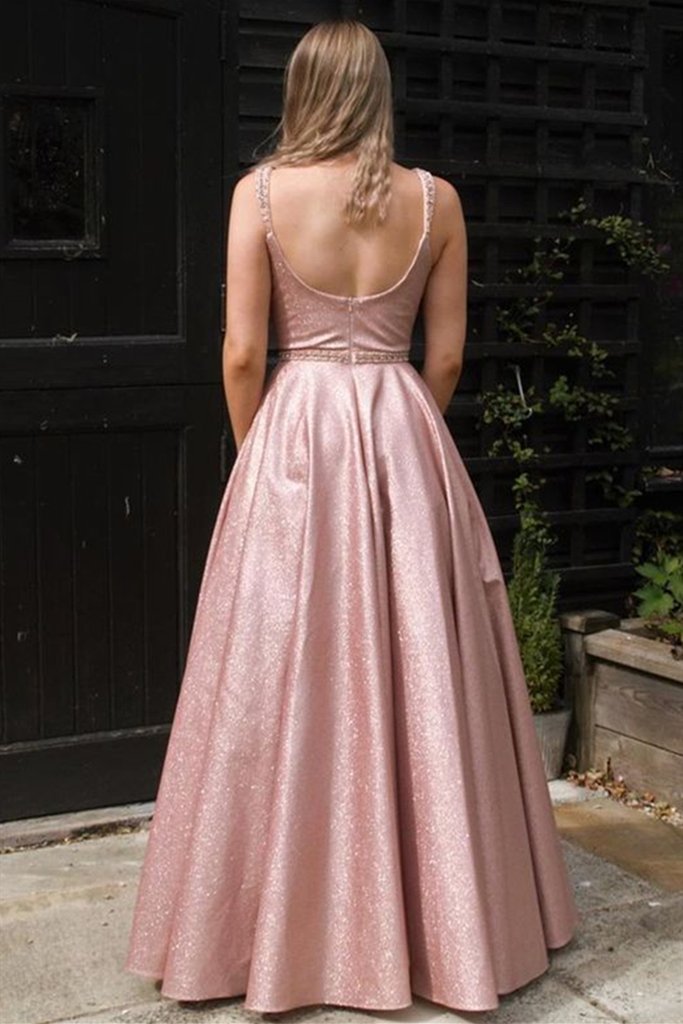 Shiny Open Back Floor Length Long Pink Prom Dress    cg15710