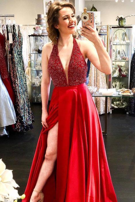 Halter Beaded Long Red Prom Dress with Side Split   cg15712