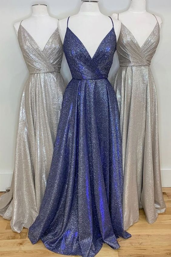 Sparkly V Neck Straps A-Line Long Prom Dress Evening Dress   cg15728