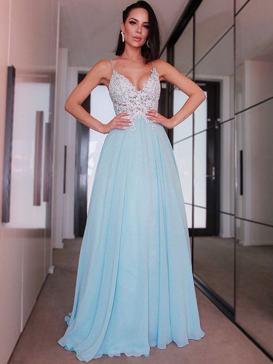 A-Line/Princess Chiffon Applique Sleeveless V-neck Sweep/Brush Train Dresses Prom Dresses    cg15734