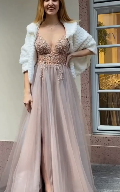 Festive dresses ball gowns prom dress long dusty pink tulle beads with slit spaghetti straps   cg15737