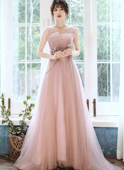 prom dress Beautiful Pink Tulle Straps Party Dress With Flower Lace Applique   cg15746