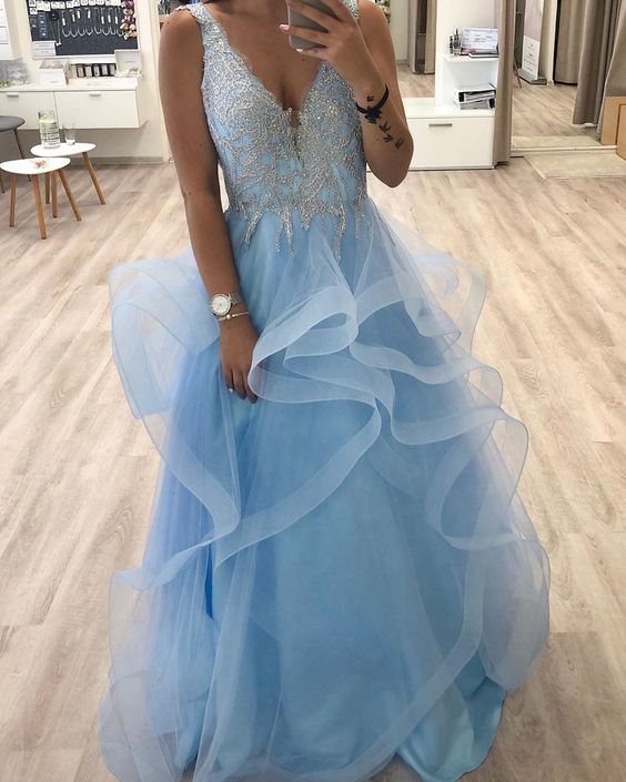 Blue A-Line Prom Dress,Charming V-Neck Evening Dress   cg15759