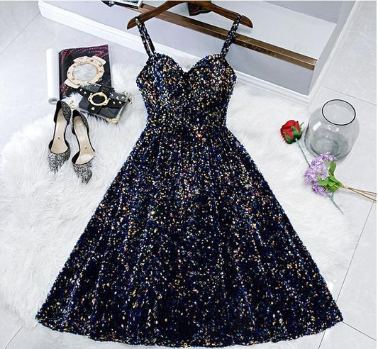 Glitter Spaghetti Straps Back Open Short Dresses Homecoming Dress for Teens   cg15784