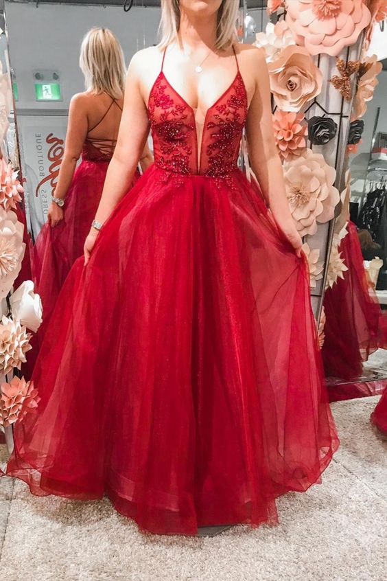 A-line Red Beaded Tulle Gown Prom Dresses   cg15806